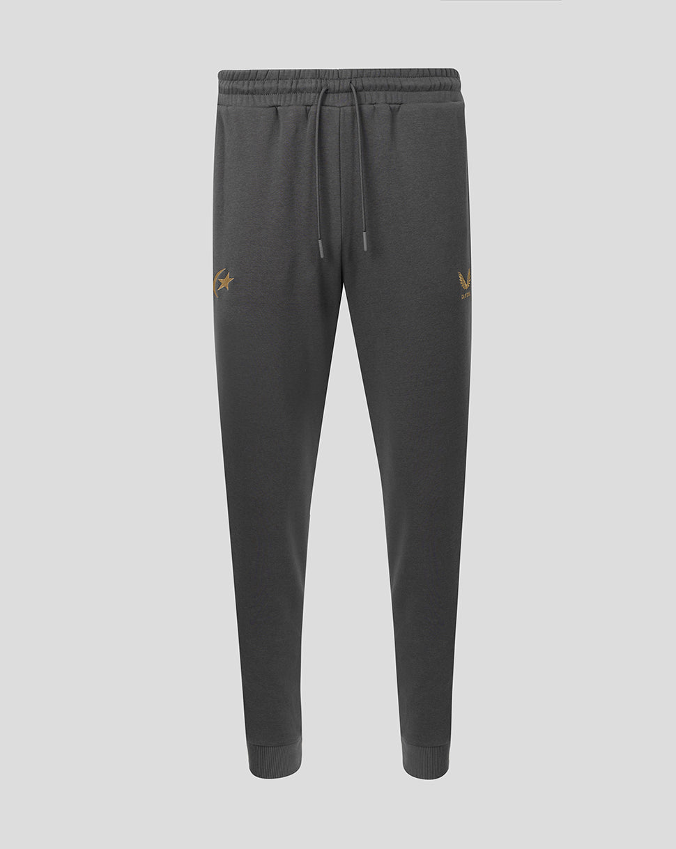 Dark gray sweatpants with a drawstring waist and small gold embroidered logos on the upper thighs, shown against a light gray background.
