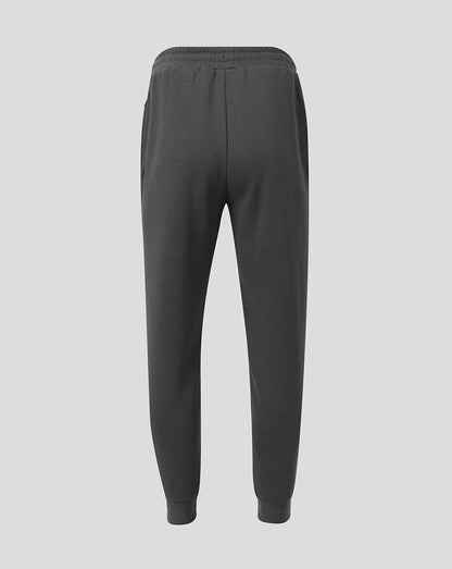 Dark gray sweatpants shown from the back, featuring an elastic waistband and ribbed ankle cuffs, set against a solid light gray background.