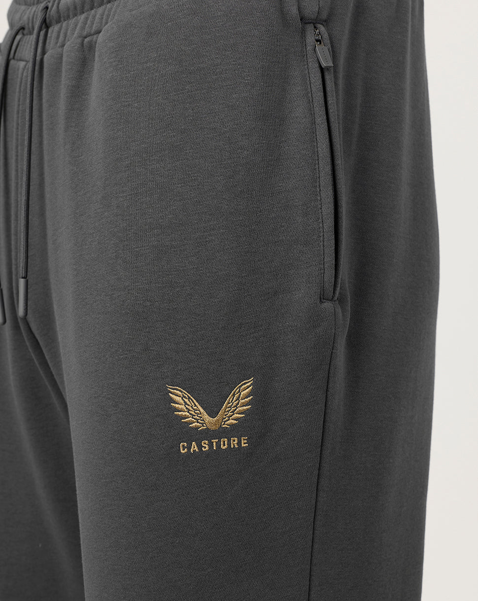 Close-up of dark gray sweatpants featuring a gold embroidered winged logo and the brand name 'CASTORE' on the left thigh.