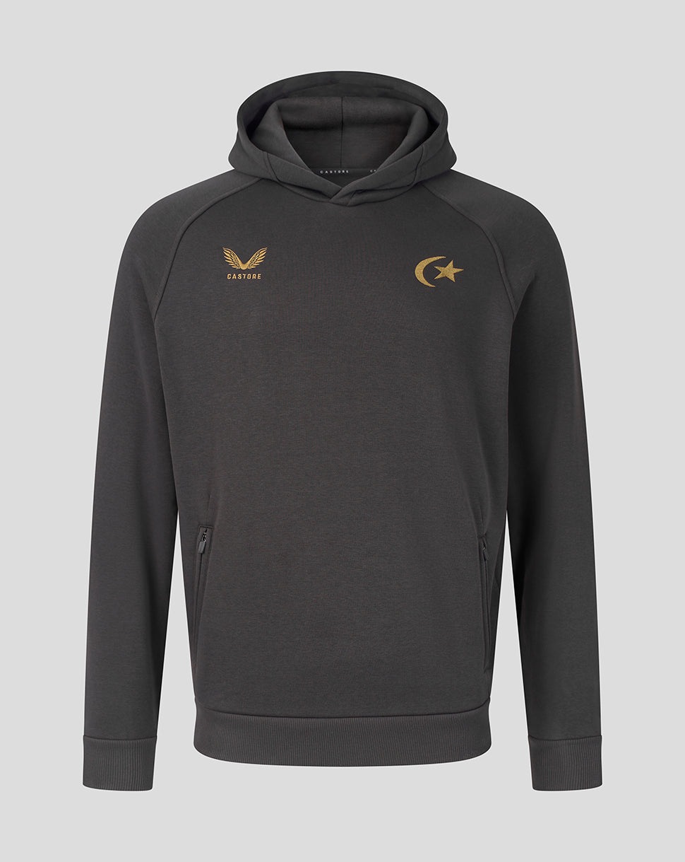 A dark gray athletic hoodie with a gold embroidered emblem on the left chest and a gold crescent and star on the right chest, displayed against a solid gray background.
