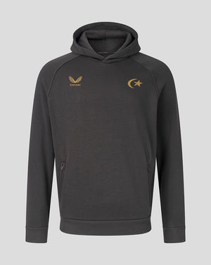 A dark gray athletic hoodie with a gold embroidered emblem on the left chest and a gold crescent and star on the right chest, displayed against a solid gray background.
