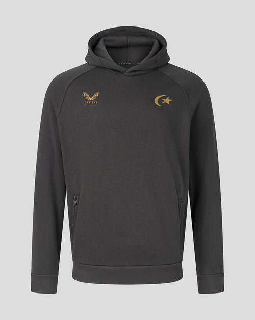 A dark gray athletic hoodie with a gold embroidered emblem on the left chest and a gold crescent and star on the right chest, displayed against a solid gray background.