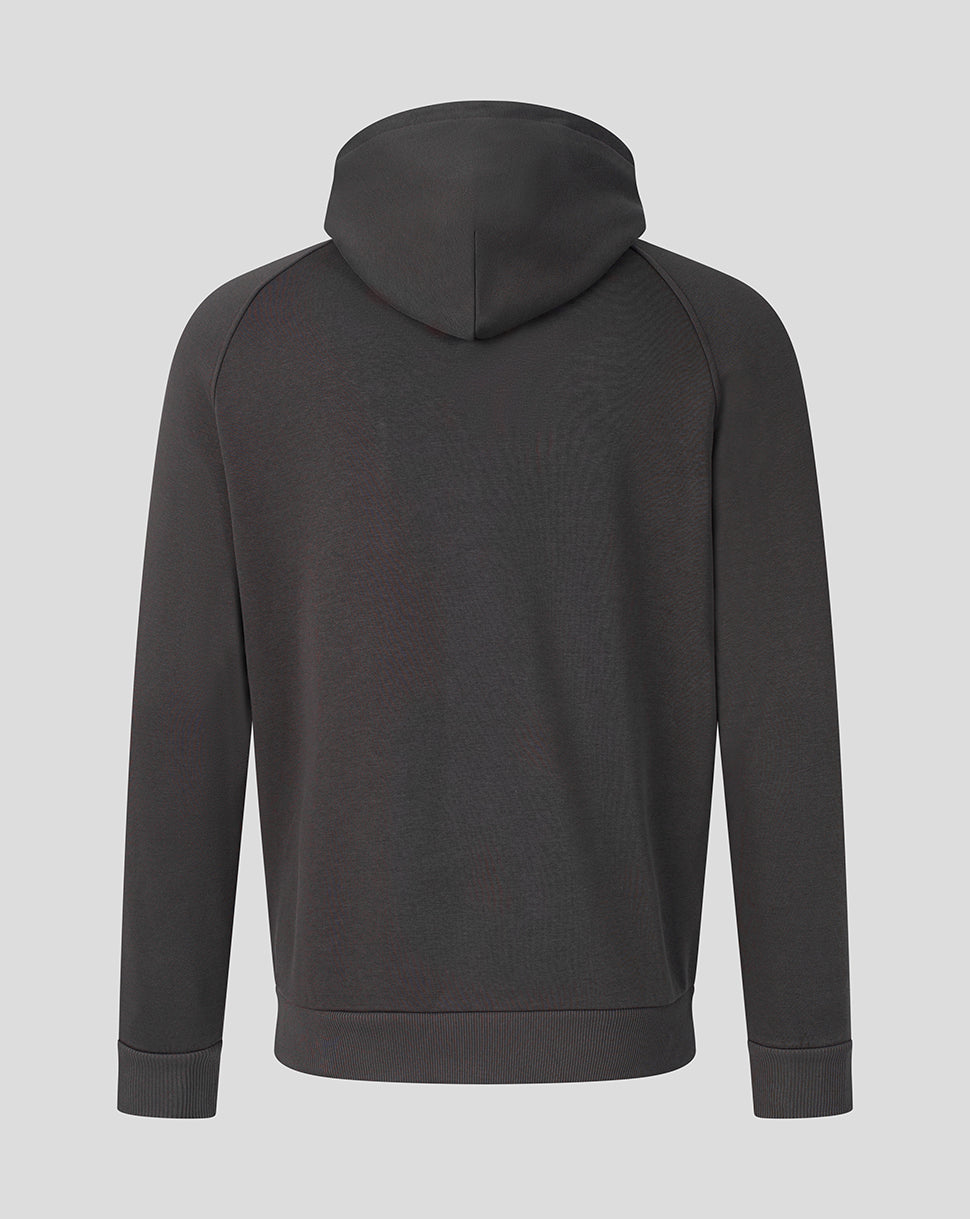 A dark charcoal gray pullover hoodie shown from the back, featuring raglan sleeves and ribbed cuffs and hem, set against a solid light gray background.