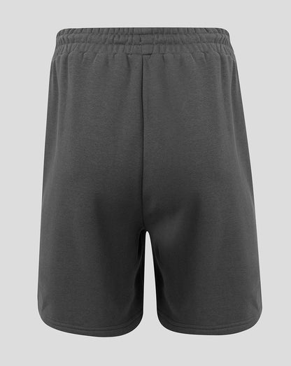 Dark gray athletic shorts with an elastic waistband, shown from the back on a light gray background.