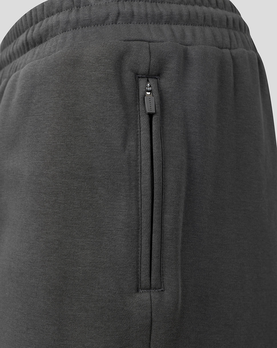 Close-up of dark gray heathered fabric with a vertical zippered pocket and an elastic waistband.