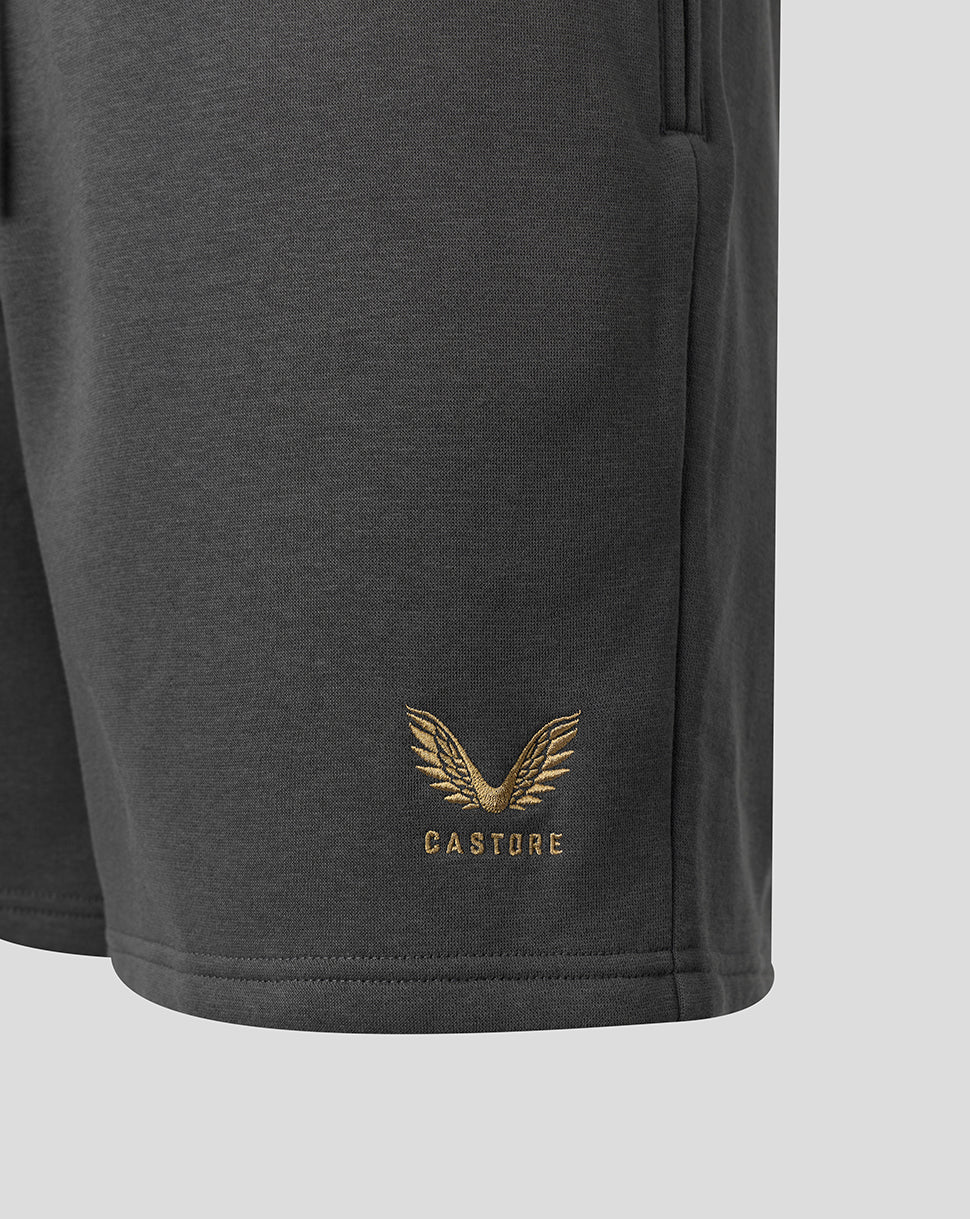 Close-up of dark gray athletic shorts with a gold embroidered winged logo and the word 'CASTORE' on the lower left leg, shown against a light gray background.