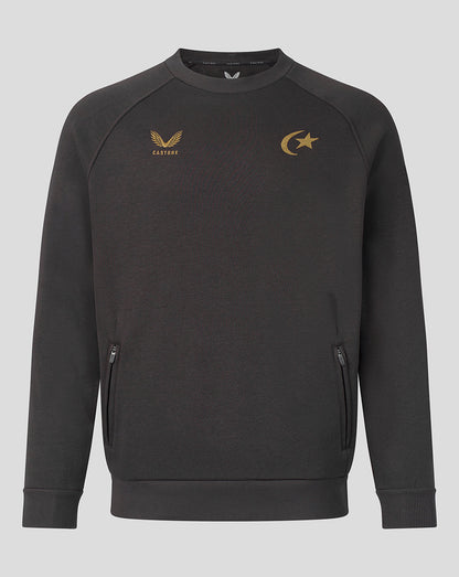 A dark gray crewneck sweatshirt with gold embroidered logos on the chest, featuring zippered hand pockets and a small white logo on the inside neck label, shown against a light gray background.
