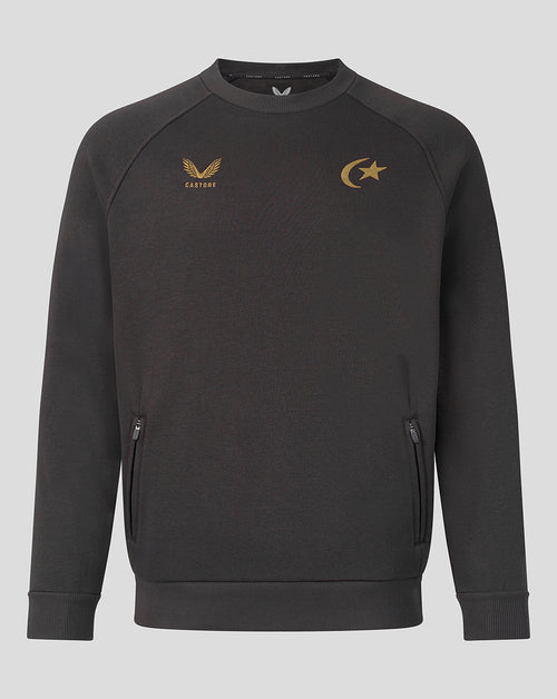 A dark gray crewneck sweatshirt with gold embroidered logos on the chest, featuring zippered hand pockets and a small white logo on the inside neck label, shown against a light gray background.