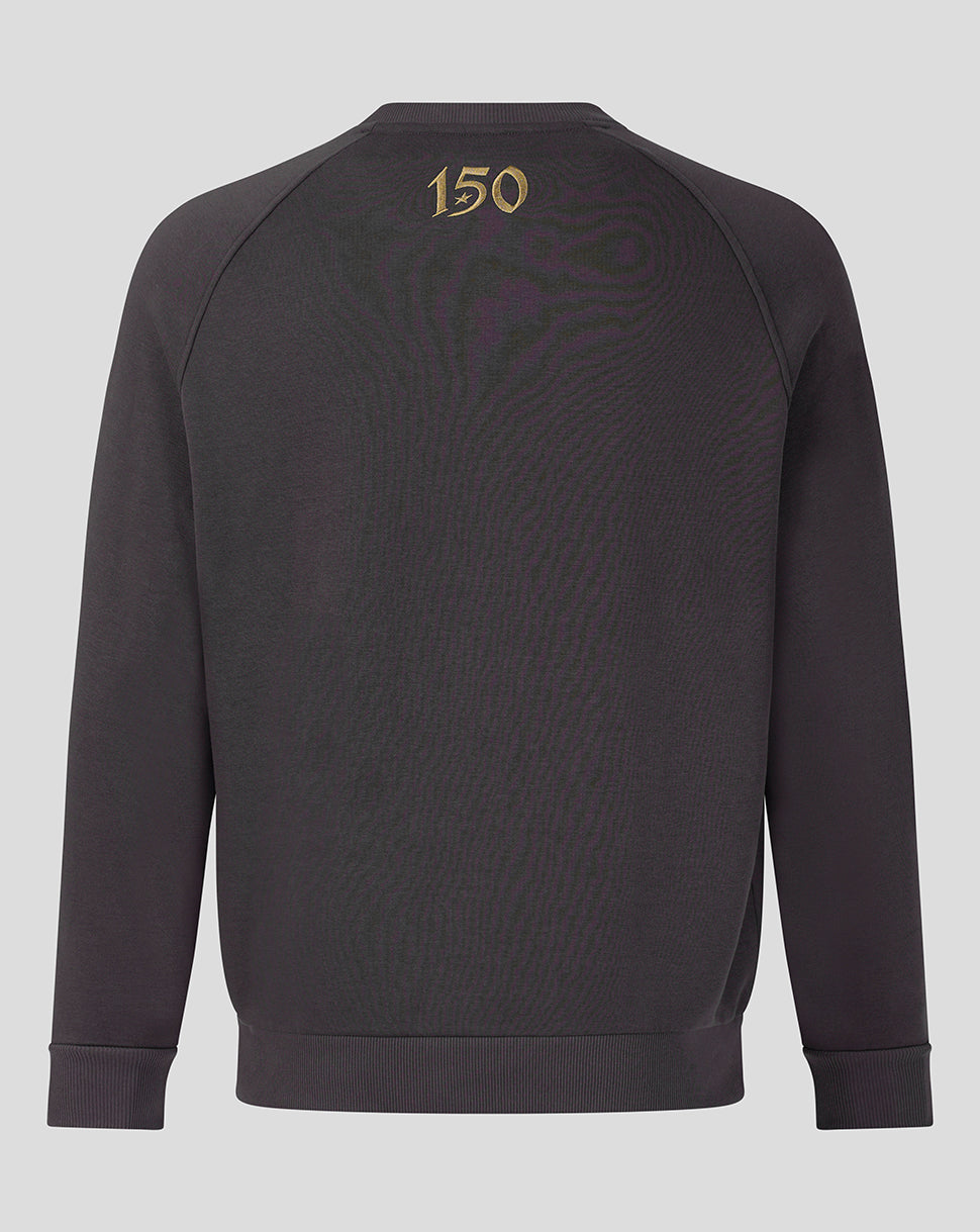 A dark gray crewneck sweatshirt shown from the back, featuring a subtle tonal graphic and the gold number '150' printed near the neckline.
