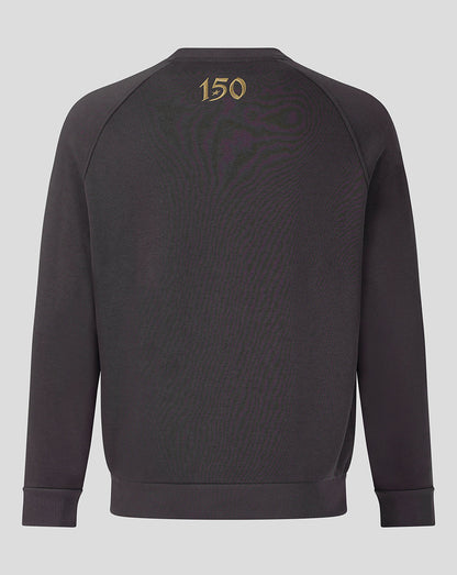 A dark gray crewneck sweatshirt shown from the back, featuring a subtle tonal graphic and the gold number '150' printed near the neckline.