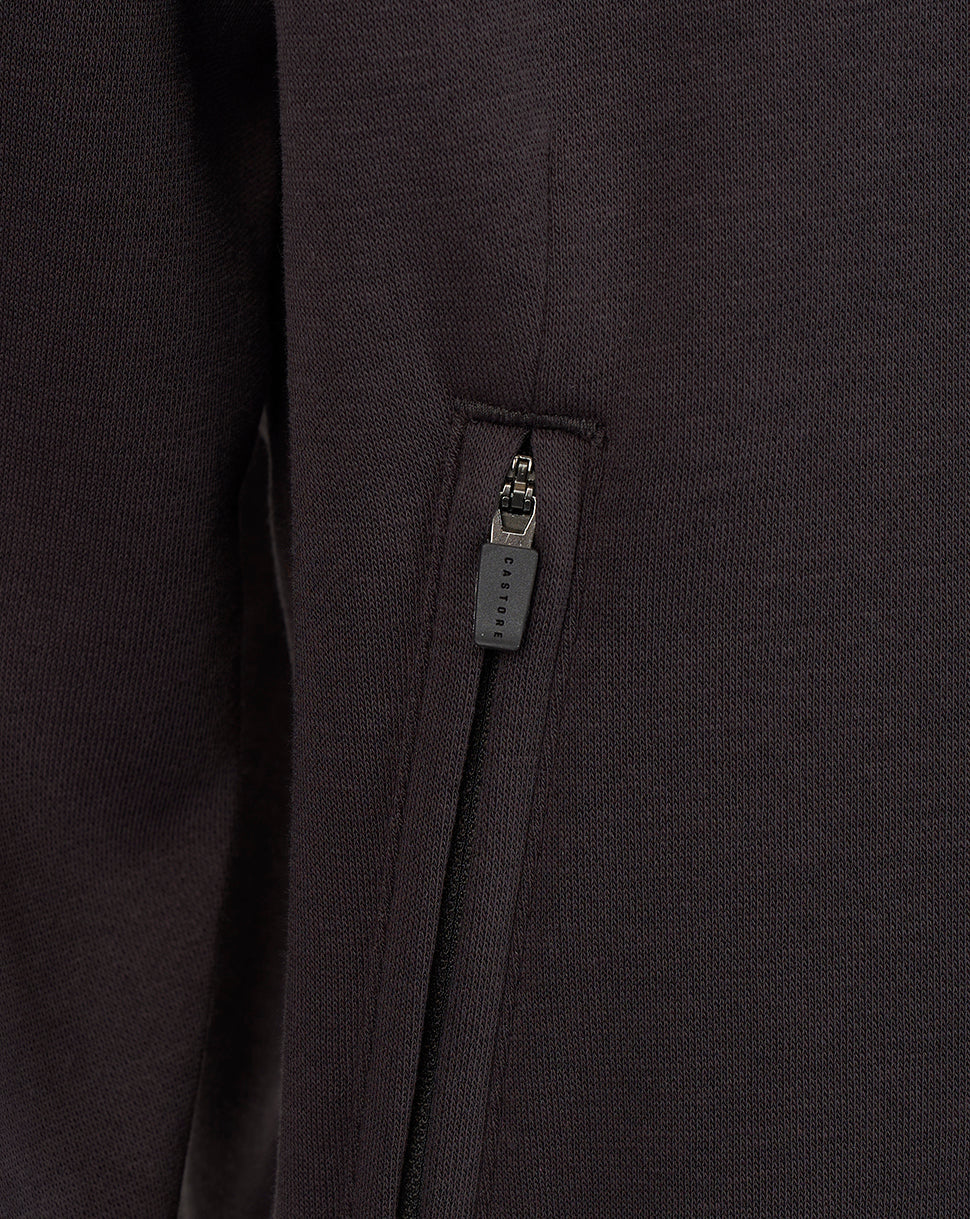 Close-up of a dark charcoal gray zippered pocket on a textured knit garment.