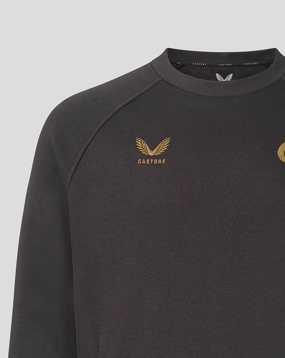 A close-up of a dark gray Castore crewneck sweatshirt, showing the gold winged logo and brand name on the left chest, with a partial gold logo on the right chest and a white inner neck label.
