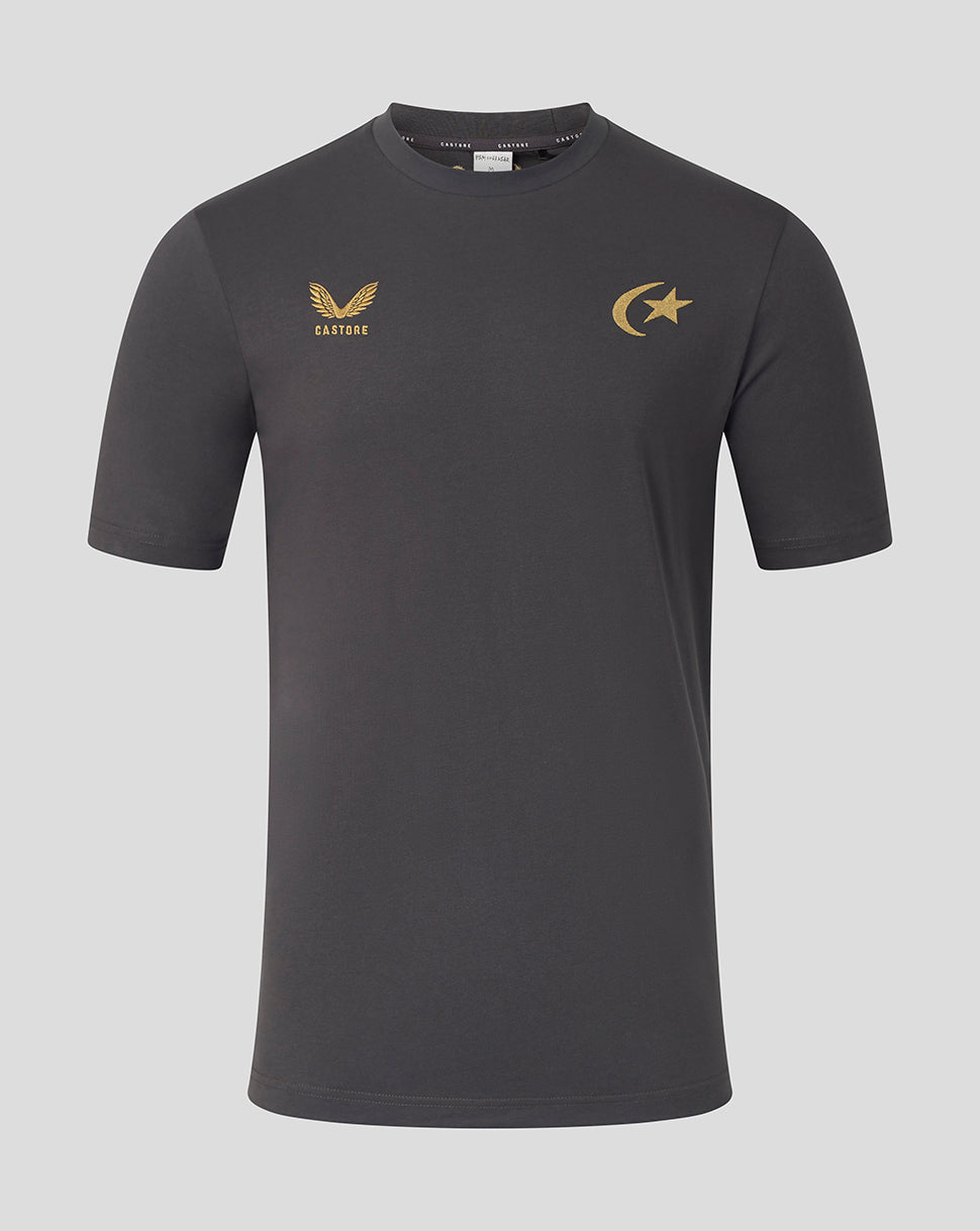 A dark gray short-sleeve athletic t-shirt with gold printed logos on the chest, displayed against a solid light gray background.