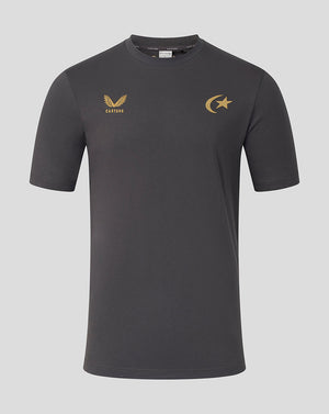 A dark gray short-sleeve athletic t-shirt with gold printed logos on the chest, displayed against a solid light gray background.
