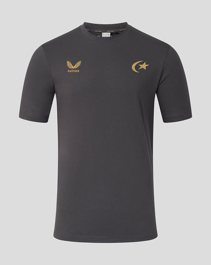 A dark gray short-sleeve athletic t-shirt with gold printed logos on the chest, displayed against a solid light gray background.