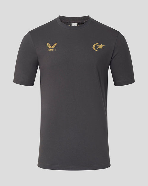 A dark gray short-sleeve athletic t-shirt with gold printed logos on the chest, displayed against a solid light gray background.