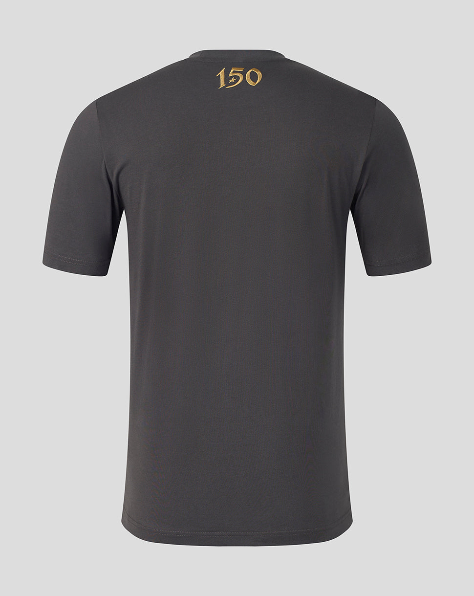 A dark gray short-sleeve t-shirt shown from the back, featuring a small gold '150' graphic printed on the upper back, set against a solid light gray background.
