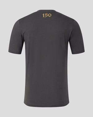 A dark gray short-sleeve t-shirt shown from the back, featuring a small gold '150' graphic printed on the upper back, set against a solid light gray background.