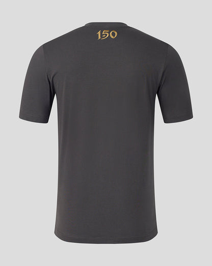 A dark gray short-sleeve t-shirt shown from the back, featuring a small gold '150' graphic printed on the upper back, set against a solid light gray background.