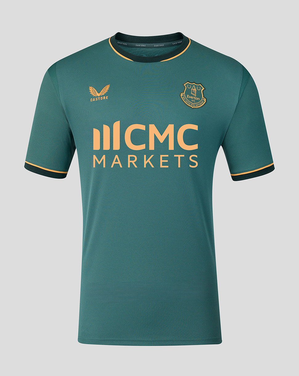 Everton 26/27 third kit short sleeve shirt front view in teal with gold ICMC MARKETS sponsor across chest and club crest