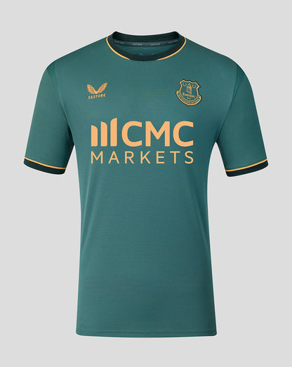 Everton 26/27 third kit short sleeve shirt front view in teal with gold ICMC MARKETS sponsor across chest and club crest