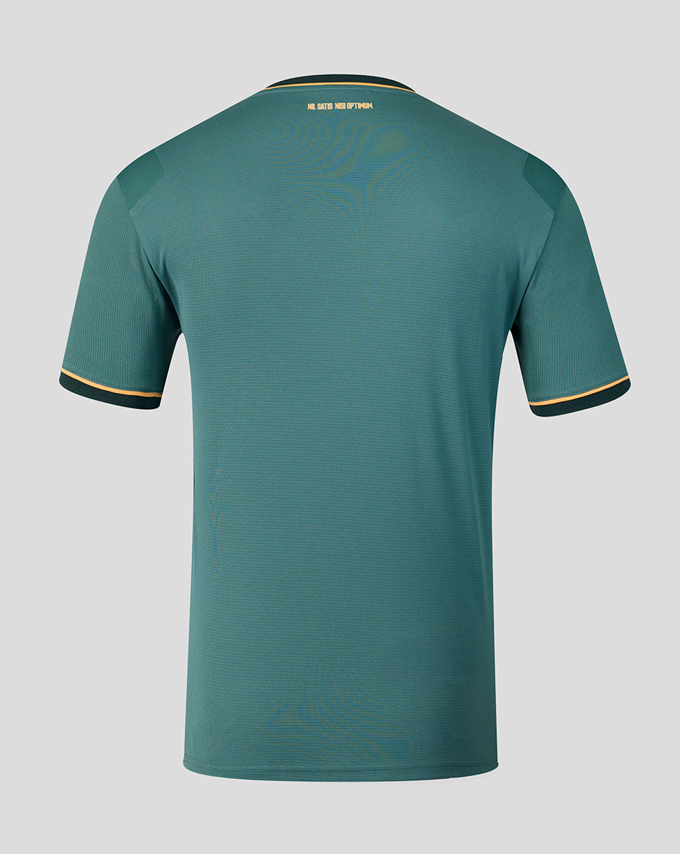 Back view of teal Everton 26/27 third shirt with gold trim at the collar and NIL SATIS NISI OPTIMUM on the neck