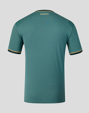 Back view of teal Everton 26/27 third shirt with gold trim at the collar and NIL SATIS NISI OPTIMUM on the neck