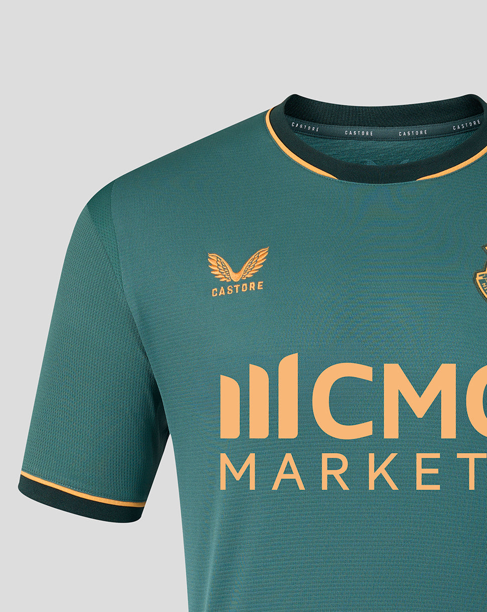 Upper chest view of teal Everton 26/27 third shirt with gold Castore logo and bold MCMC MARKETS across the front.