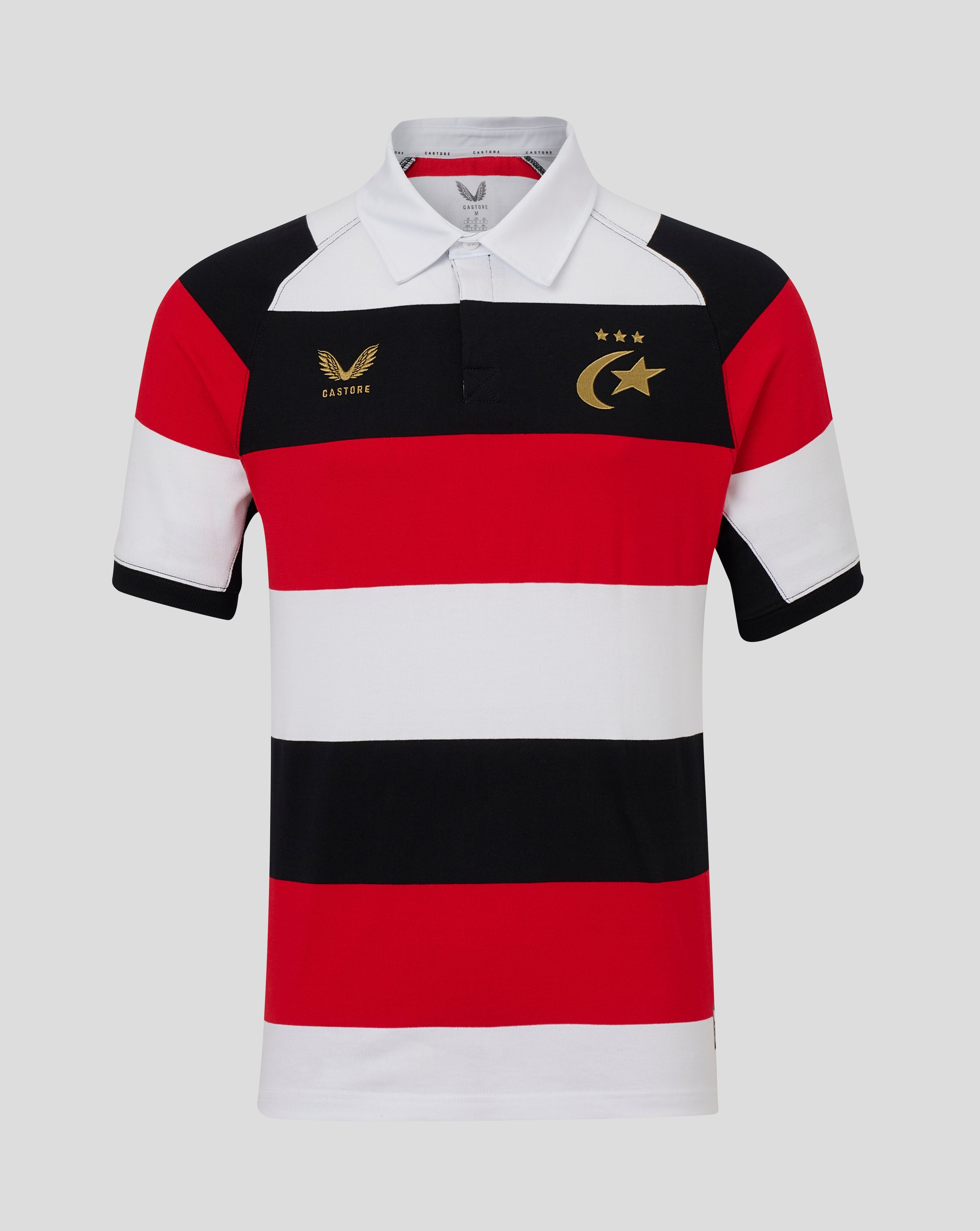A short-sleeve rugby polo shirt with horizontal stripes of red, white, and black, featuring gold embroidered logos on the chest, displayed against a solid light gray background.