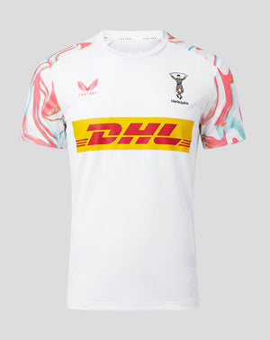 White sports jersey with colorful designs and DHL logo on a gray background