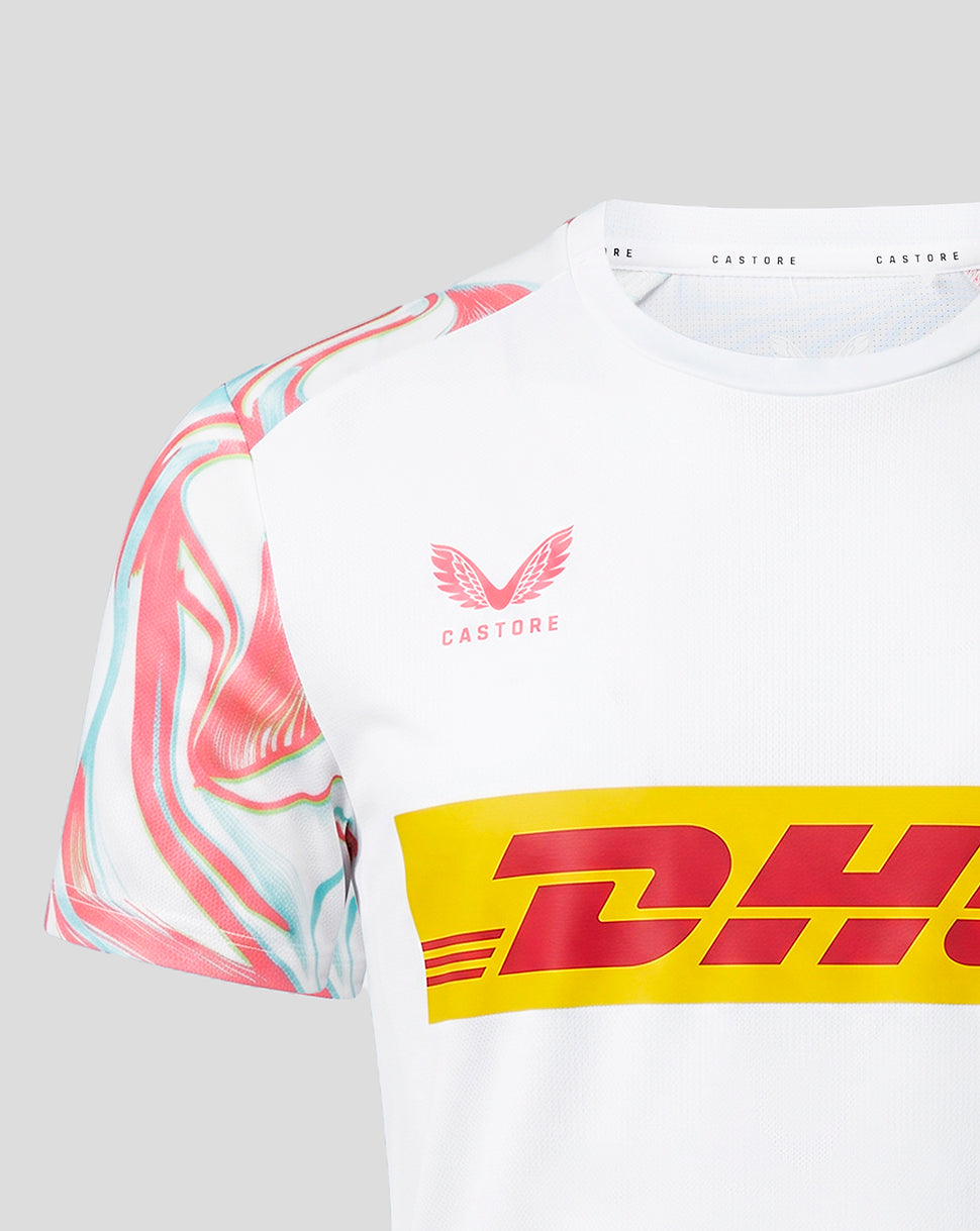 White Harlequins matchday short sleeve T shirt with multicolored patterned sleeves and DHL sponsor logo across the chest.