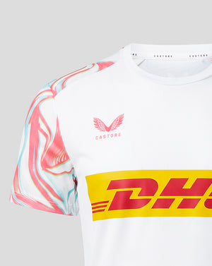 White Harlequins matchday short sleeve T shirt with multicolored patterned sleeves and DHL sponsor logo across the chest.