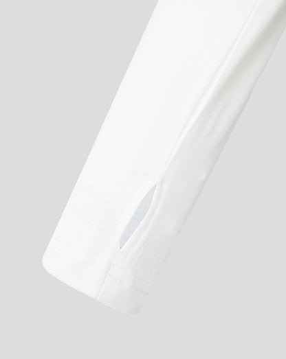 Close-up of a white jacket on a light gray background