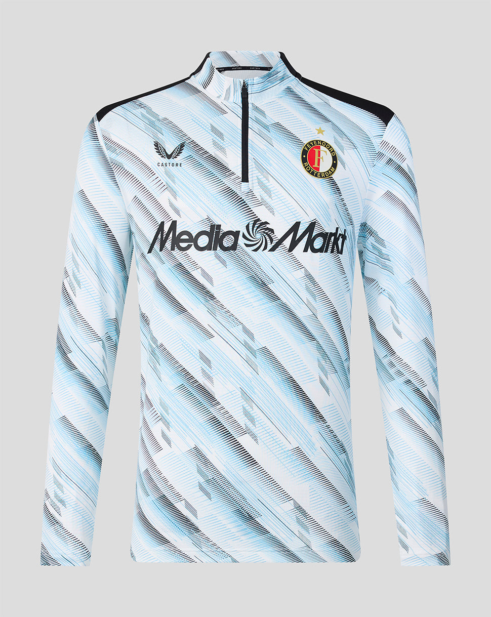 Feyenoord away matchday midlayer with quarter zip and high neck in light blue pattern; crest left chest and Castore logo right.