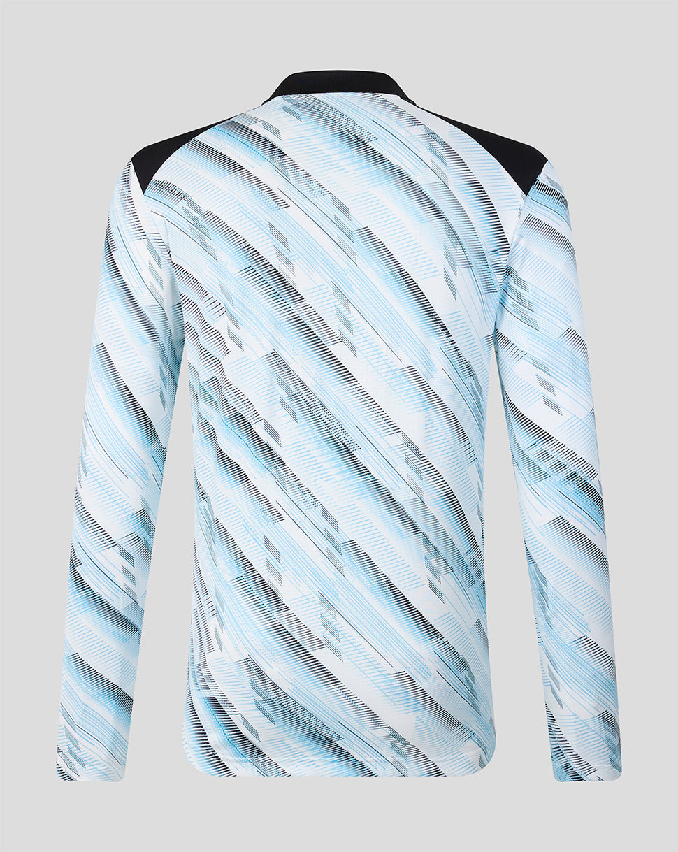 Back view of Feyenoord away matchday midlayer showing blue diagonal pattern and black shoulder panels.