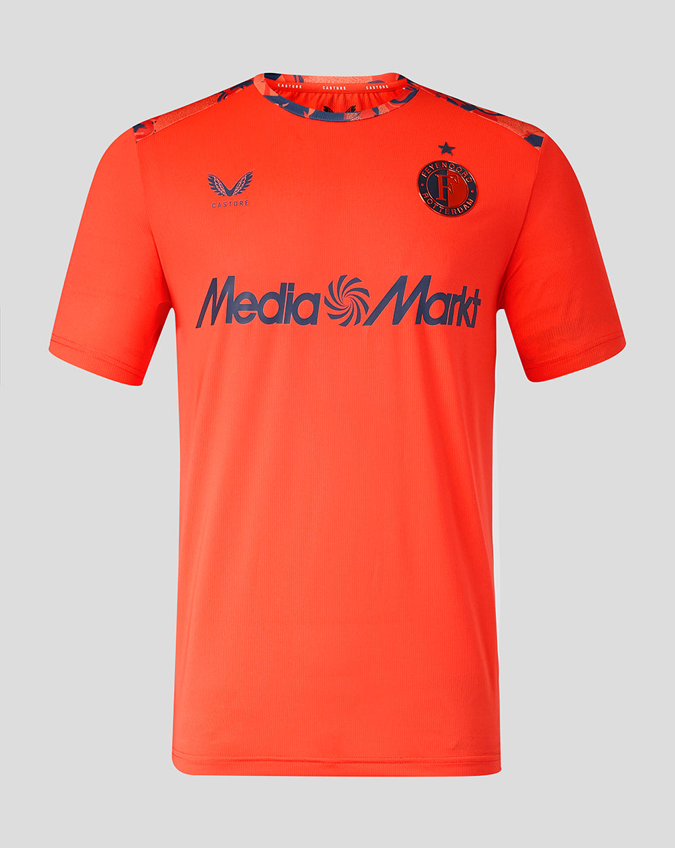 Front view of Feyenoord 2026-27 Third Matchday shirt in bright orange with the MediaMarkt sponsor and club logos.