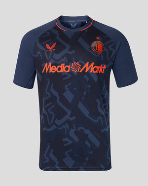 Front view of navy Feyenoord 2026-2027 third shirt with orange MediaMarkt sponsor across chest, Castore logo right chest and Feyenoord crest left chest.