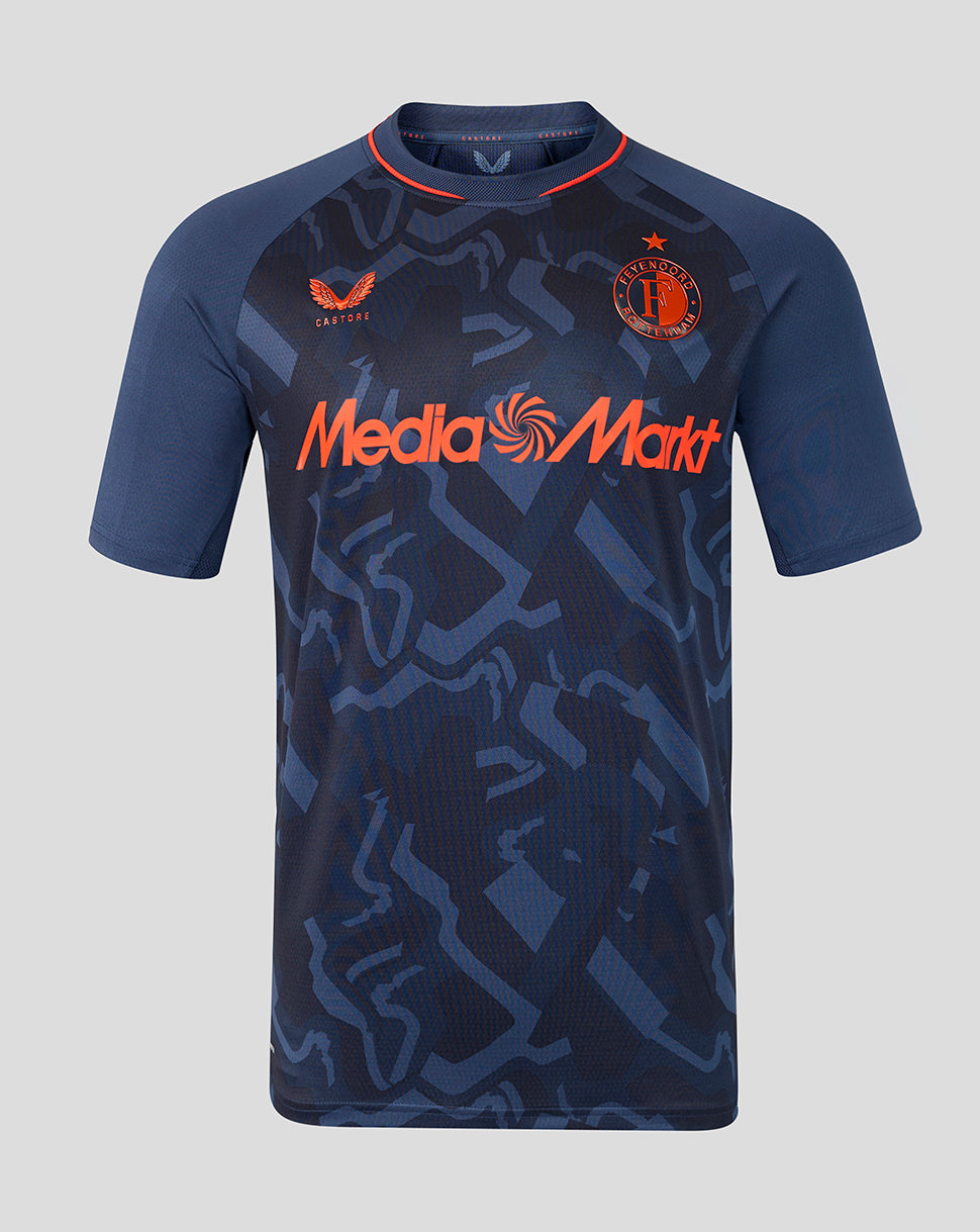 Feyenoord 2026-2027 third men's pro shirt in navy with orange sponsor, abstract blue pattern, Castore logo on chest and Feyenoord crest.