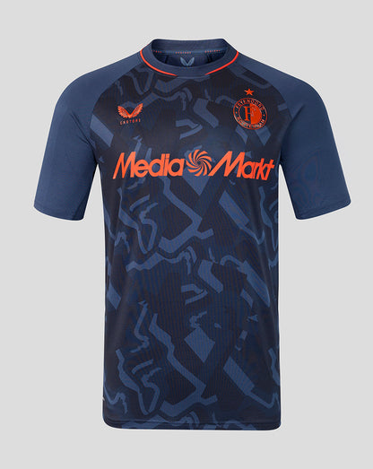 Feyenoord 2026-2027 third men's pro shirt in navy with orange sponsor, abstract blue pattern, Castore logo on chest and Feyenoord crest.
