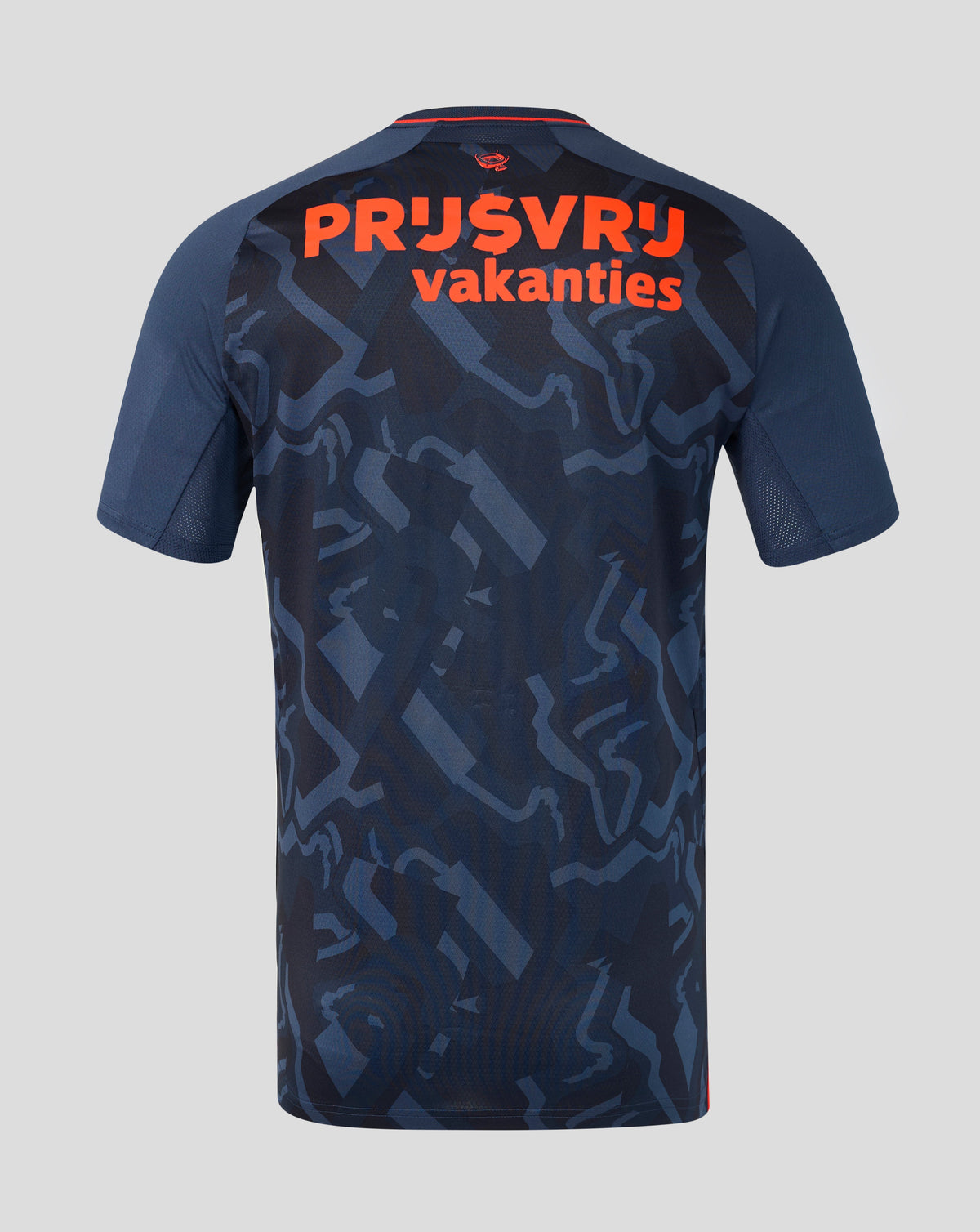 Back view of a navy Feyenoord 2026-2027 third Pro shirt with bold orange lettering across upper back and camouflage pattern
