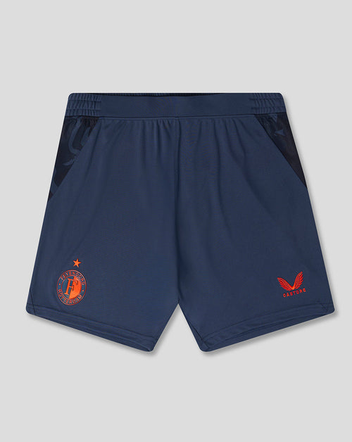 Front view of navy Feyenoord third shorts featuring the club crest and Castore logo.