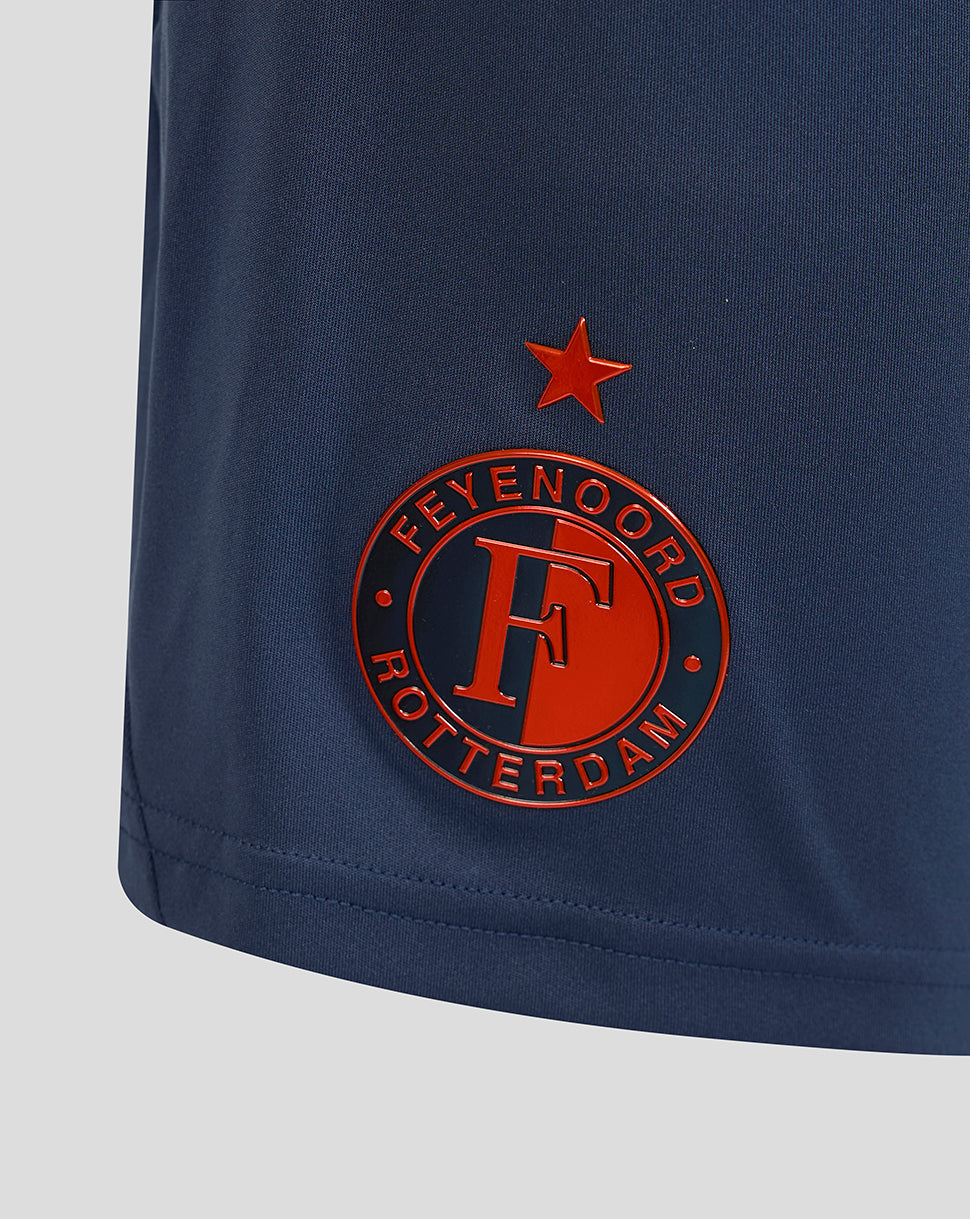 Close up of navy Feyenoord third shorts showing the red circular Feyenoord Rotterdam logo with a star above.