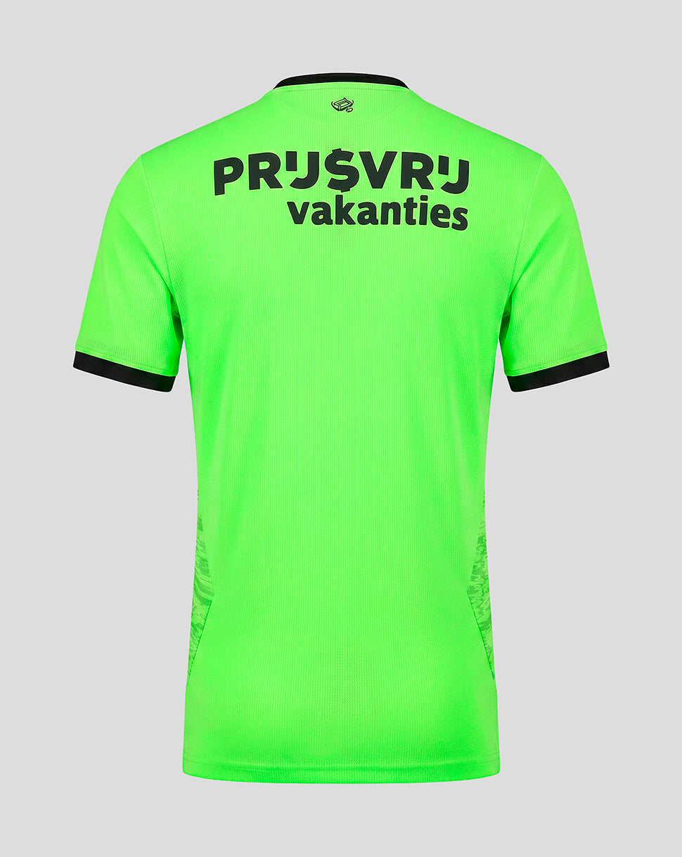 Neon green goalkeeper jersey viewed from the back with large black lettering across the upper back and a small neckline logo.