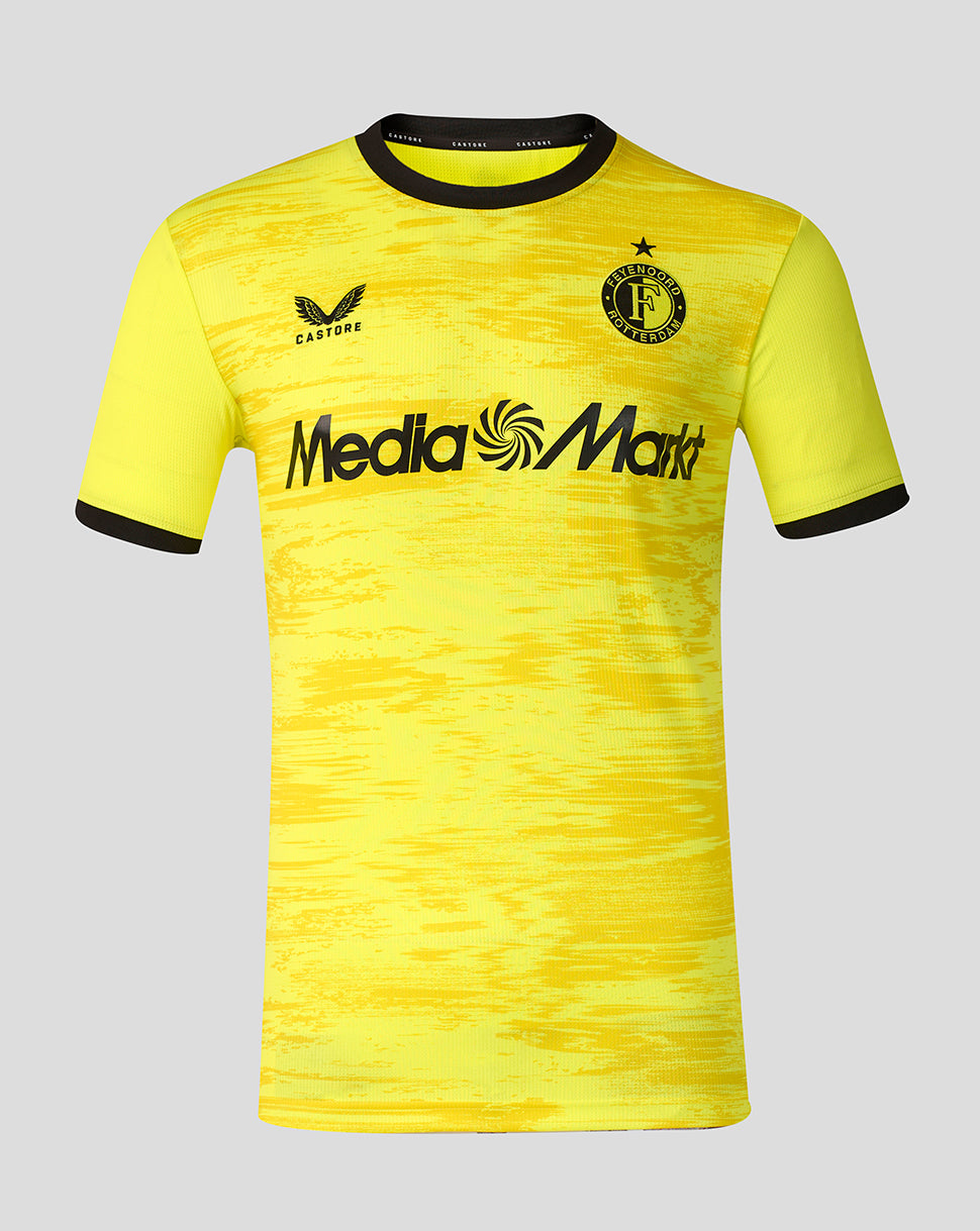 Front view of bright yellow Feyenoord goalkeeper shirt with black collar trim, Castore logo, club crest and MediaMarkt sponsor.