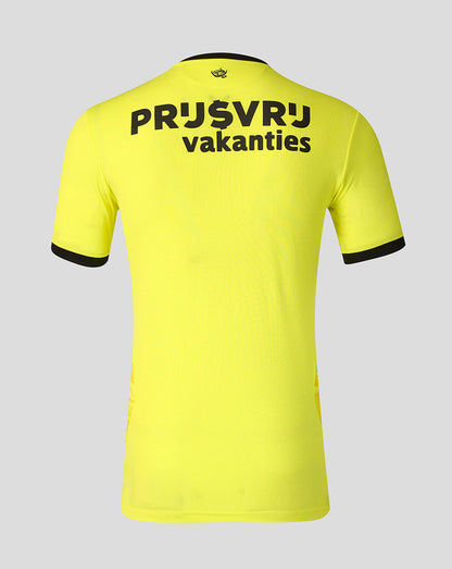 Bright yellow Feyenoord away goalkeeper shirt back view with bold black text across the upper back and black sleeve cuffs