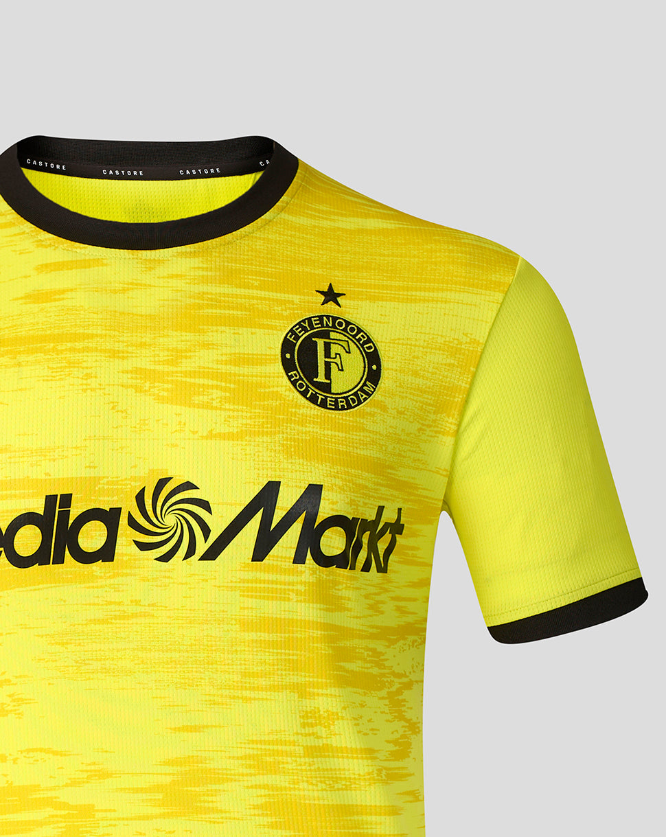 Yellow Feyenoord 2026-27 away goalkeeper shirt front close up with club crest on left chest and MediaMarkt sponsor across front