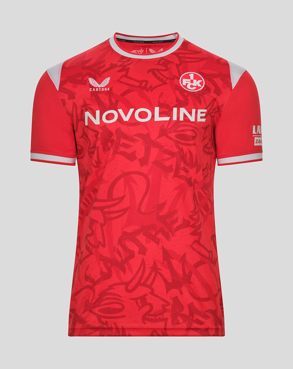 Front view of FC Kaiserslautern 26/27 home shirt in red with an all over graphic pattern, NOVOLINE sponsor and club crest.