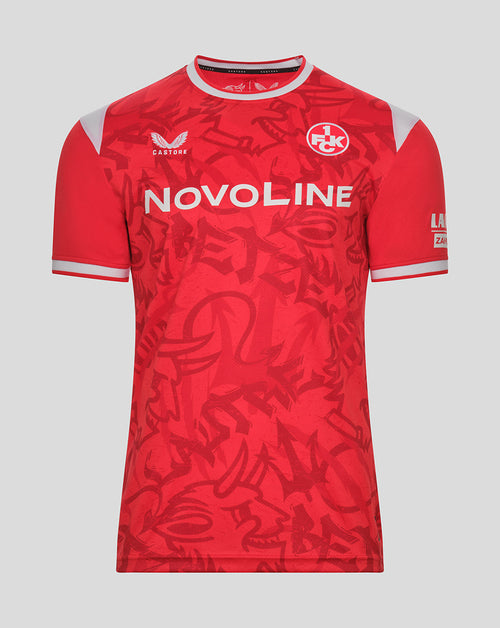Front view of FC Kaiserslautern 26/27 home shirt in red with an all over graphic pattern, NOVOLINE sponsor and club crest.