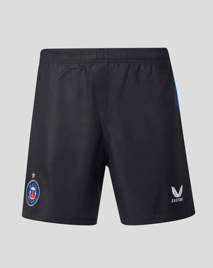 Black athletic shorts with an elastic waistband, featuring the Bath Rugby crest on the left leg and the Castore brand logo on the right leg, displayed against a neutral gray background.