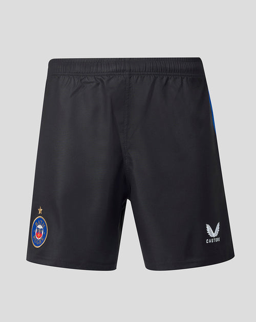 Black athletic shorts with an elastic waistband, featuring the Bath Rugby crest on the left leg and the Castore brand logo on the right leg, displayed against a neutral gray background.